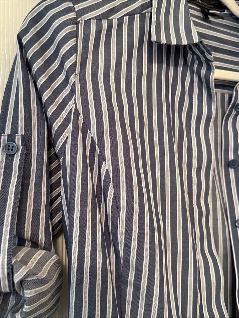 BCBGMaxAzria Navy and White Striped Midi Shirt Dress church office 100% cotton - Picture 6 of 10